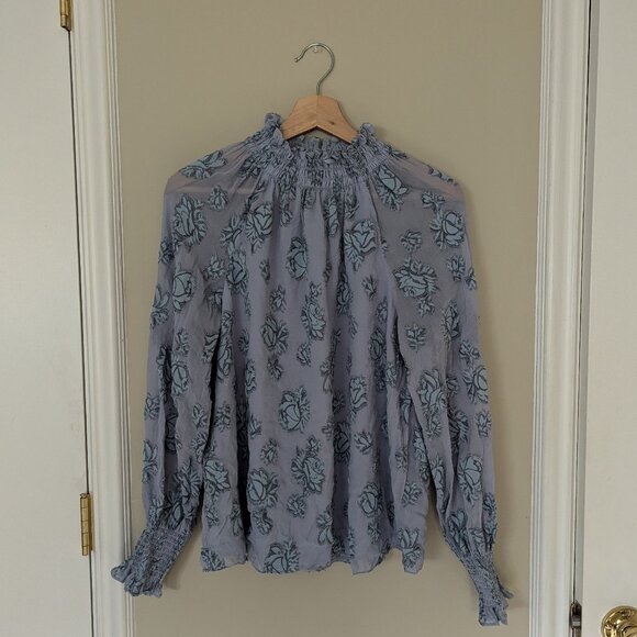 Rebecca Taylor Floral-print Mocknecktop In Silverbird Size 8 - Picture 3 of 8